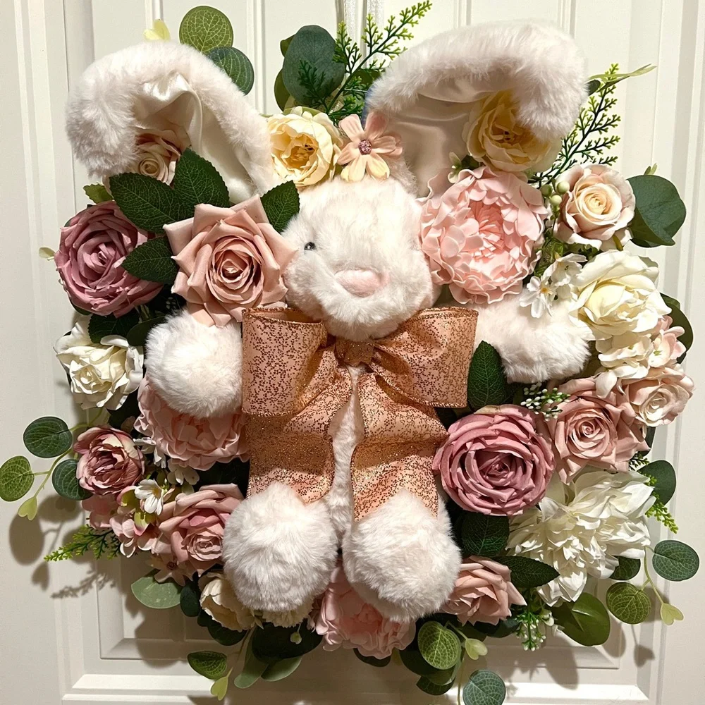 Handmade Floral Bunny Spring Silk Flower & Ribbon Wreath 22 in W7
